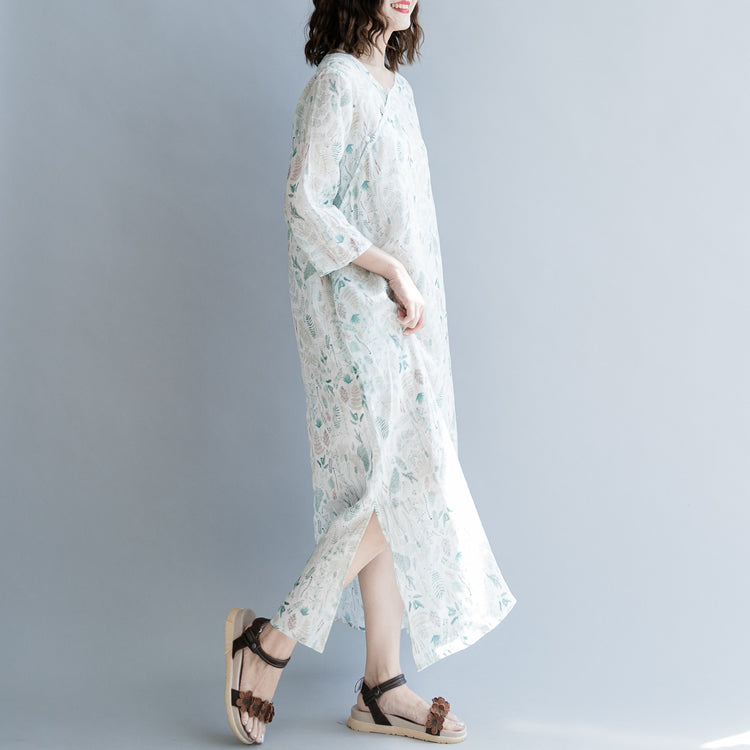 New Print Linen Dresses Oversized Traveling Dress Three Quarter Sleeve V Neck Baggy Dresses