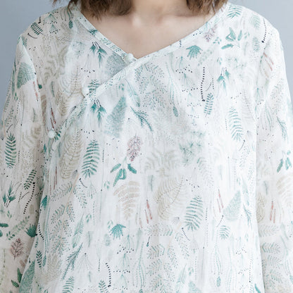 New Print Linen Dresses Oversized Traveling Dress Three Quarter Sleeve V Neck Baggy Dresses