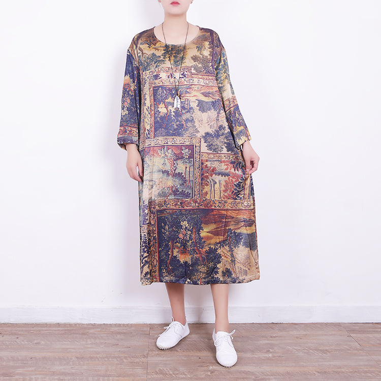 New Prints Midi Blended Dresses Traveling Dress New Bracelet Sleeved O Neck Natural Blended Dress
