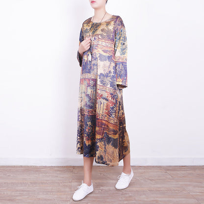 New Prints Midi Blended Dresses Traveling Dress New Bracelet Sleeved O Neck Natural Blended Dress