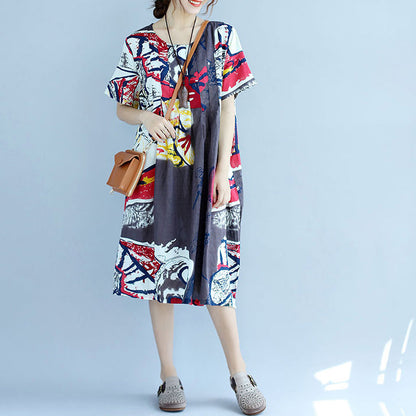 New Prints Midi-length Cotton Dress Cotton Clothing Fine Short Sleeve O Neck Cotton Dress