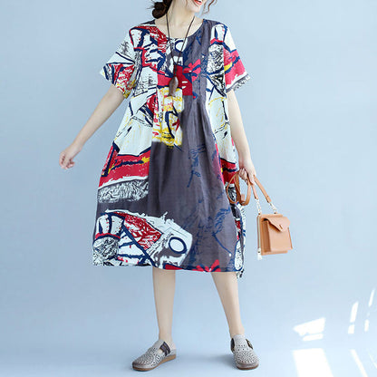 New Prints Midi-length Cotton Dress Cotton Clothing Fine Short Sleeve O Neck Cotton Dress
