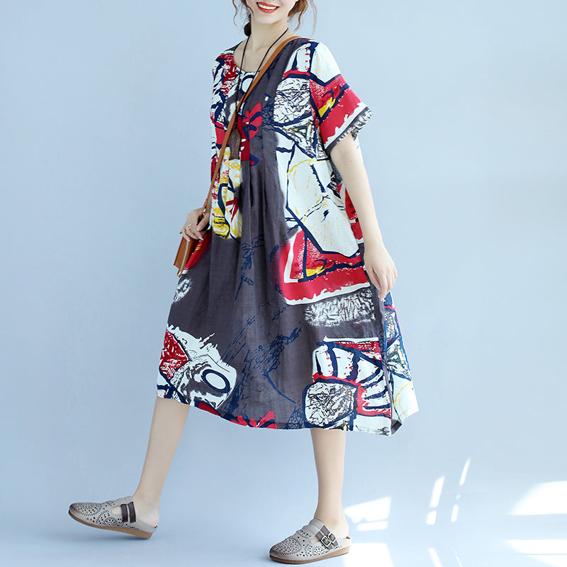 New Prints Midi-length Cotton Dress Cotton Clothing Fine Short Sleeve O Neck Cotton Dress