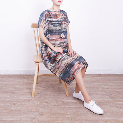 New Prints Natural Blended Dress Clothing O Neck Blended Maxi Dress Boutique Short Sleeve Blended Caftans