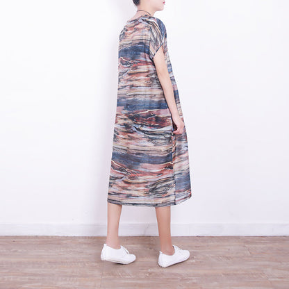 New Prints Natural Blended Dress Clothing O Neck Blended Maxi Dress Boutique Short Sleeve Blended Caftans