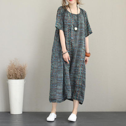 New Prints Silk Linen Caftans O Neck Gown Short Sleeve Kaftans
