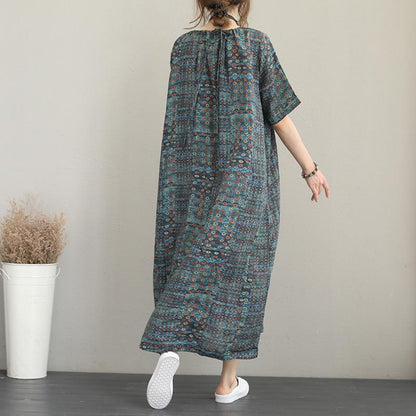 New Prints Silk Linen Caftans O Neck Gown Short Sleeve Kaftans