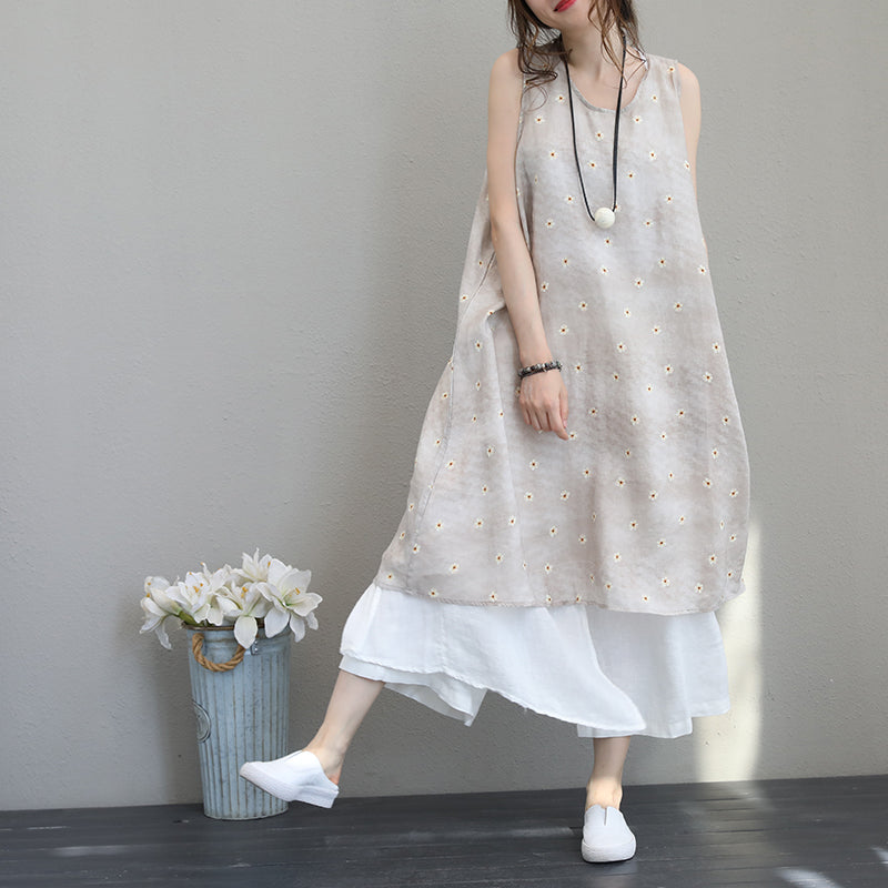 New Prints Linen Maxi Dress Loose Fitting Sleeveless Linen Clothing Dresses New Big Hem Linen Caftans