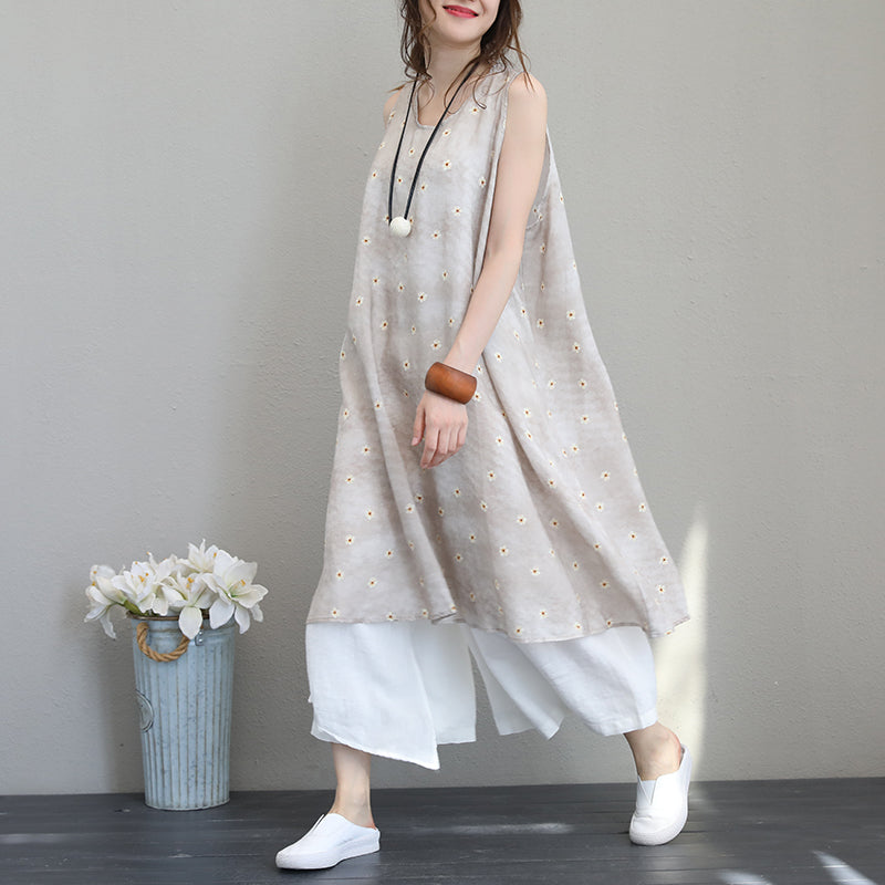 New Prints Linen Maxi Dress Loose Fitting Sleeveless Linen Clothing Dresses New Big Hem Linen Caftans