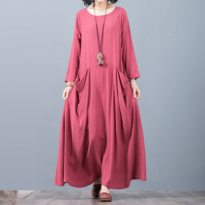New Red Fall Dress Oversized O Neck Pockets Traveling Clothing Boutique Long Sleeve Kaftans