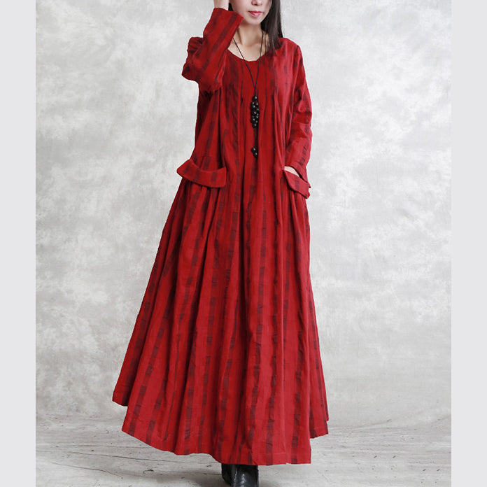 New Red Plaid Long Linen Dress Clothing O Neck Pockets Traveling Dress Fine Long Sleeve Cinched Autumn Dress