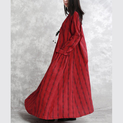 New Red Plaid Long Linen Dress Clothing O Neck Pockets Traveling Dress Fine Long Sleeve Cinched Autumn Dress