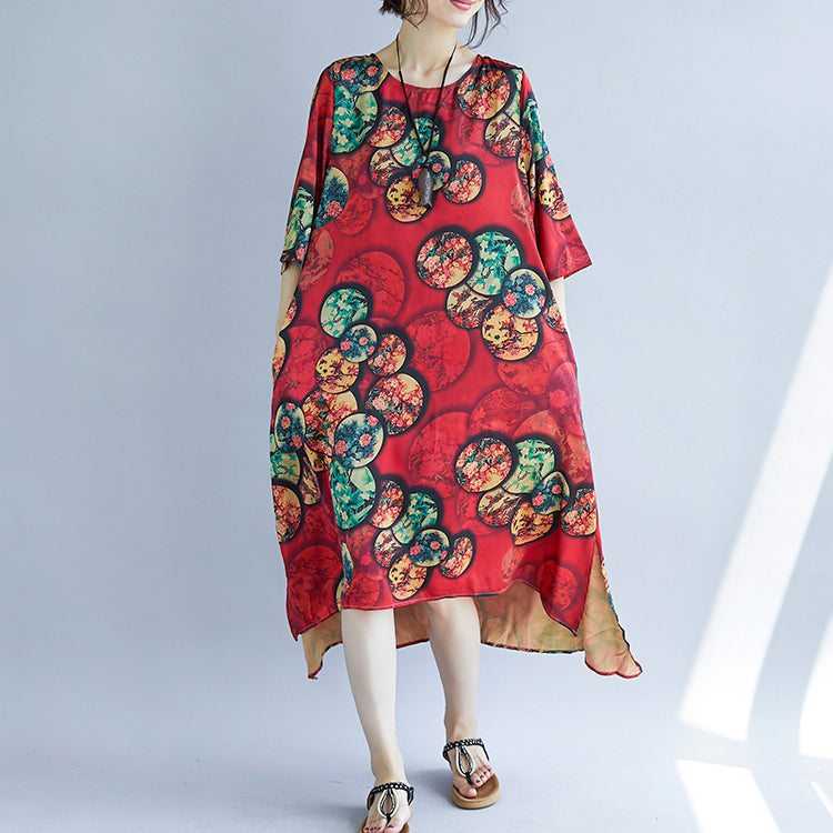 New Red Cotton Blended Dresses Print Half Sleeve Cotton Blended Dress O Neck Dresses
