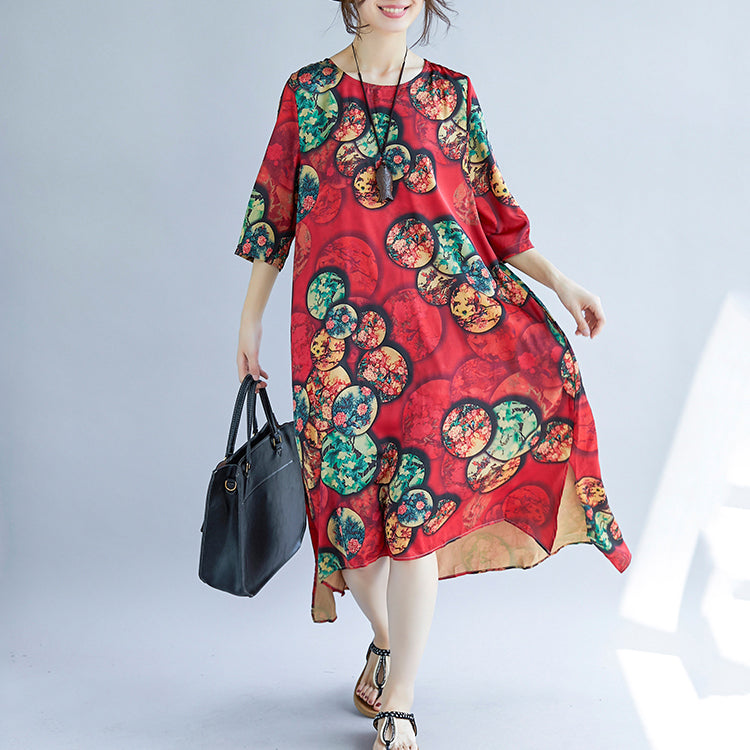 New Red Cotton Blended Dresses Print Half Sleeve Cotton Blended Dress O Neck Dresses