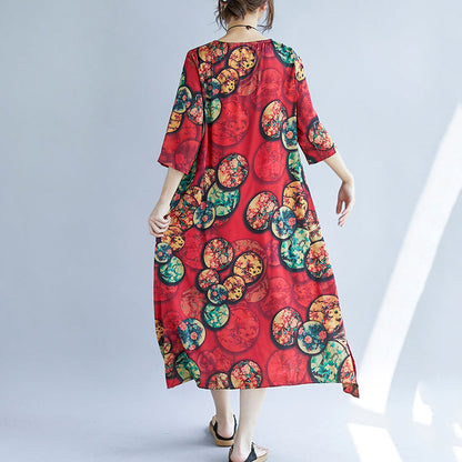 New Red Cotton Blended Dresses Print Half Sleeve Cotton Blended Dress O Neck Dresses