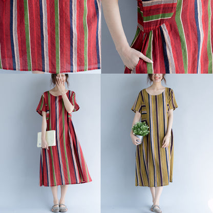 New Red Cotton Linen Maxi Dress O Neck Traveling Clothing Striped Short Sleeve Gown