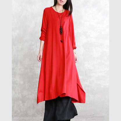 New Red Fall Dress O Neck Asymmetrical Design Traveling Clothing Fine Long Sleeve Side Open Maxi Dresses