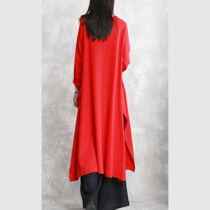 New Red Fall Dress O Neck Asymmetrical Design Traveling Clothing Fine Long Sleeve Side Open Maxi Dresses