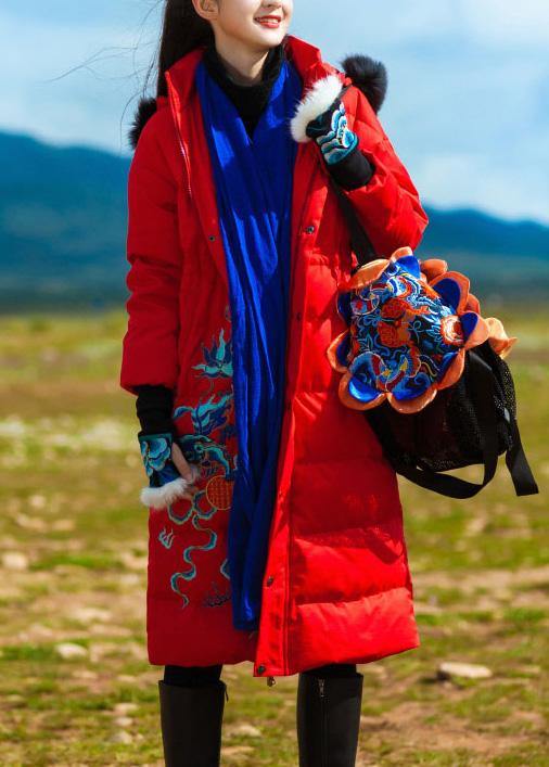 New Red Goose Down Coat Embroidery Down Jacket Hooded Jackets