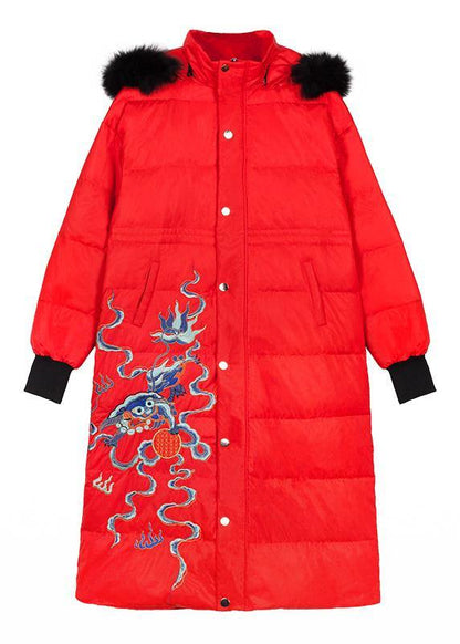 New Red Goose Down Coat Embroidery Down Jacket Hooded Jackets