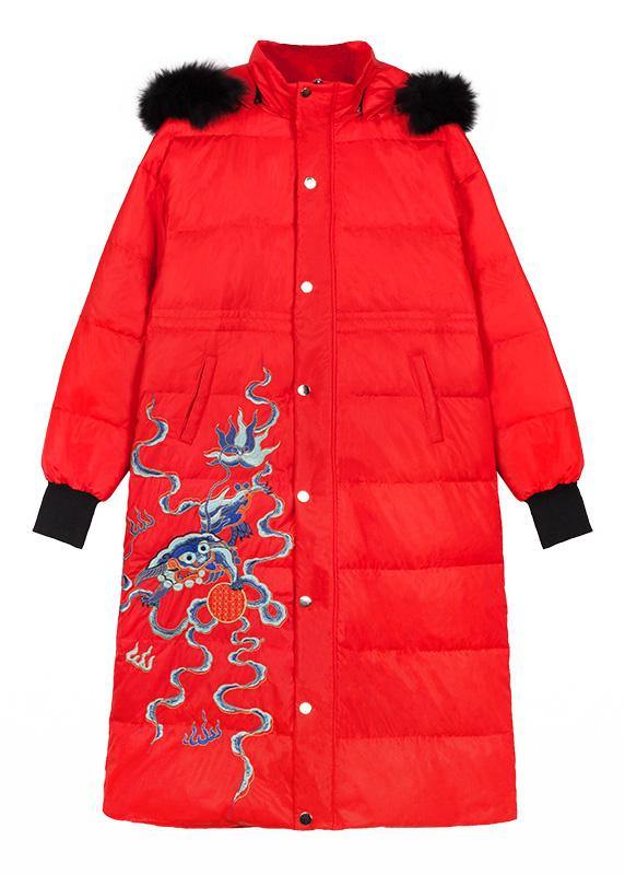 New Red Goose Down Coat Embroidery Down Jacket Hooded Jackets