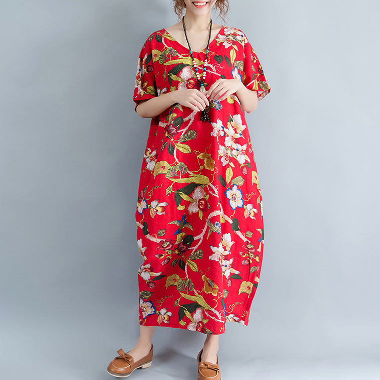 New Red Linen Dress Oversized Cotton Maxi Dress Short Sleeve Gown