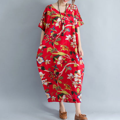 New Red Linen Dress Oversized Cotton Maxi Dress Short Sleeve Gown