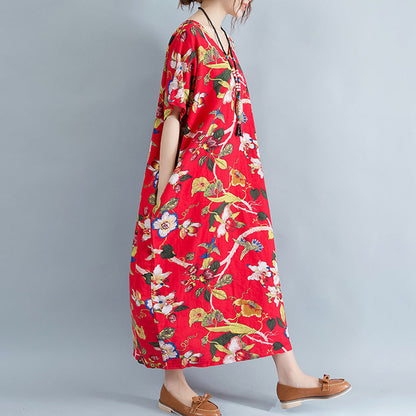 New Red Linen Dress Oversized Cotton Maxi Dress Short Sleeve Gown