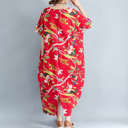 New Red Linen Dress Oversized Cotton Maxi Dress Short Sleeve Gown