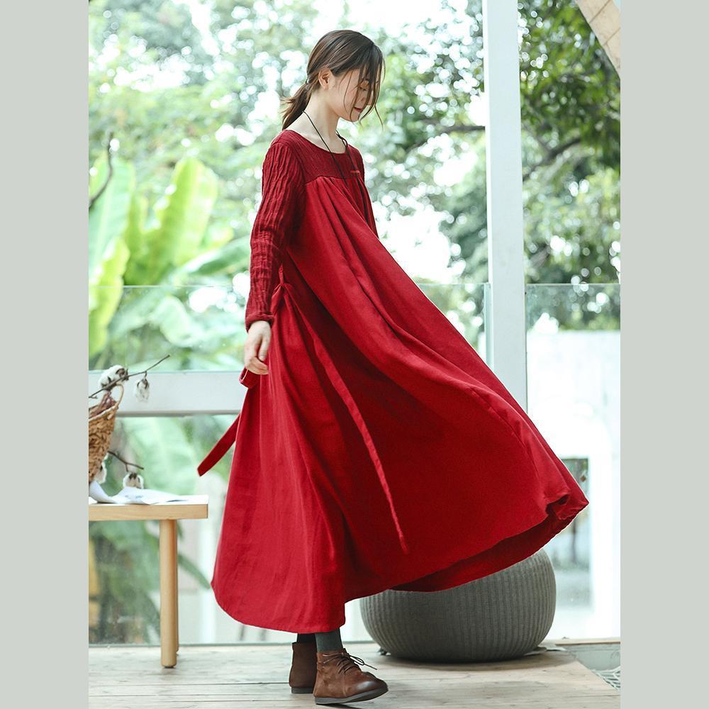 New Red Clothing O Neck Embroidery Caftans Boutique Long Sleeve Large Hem Dresses