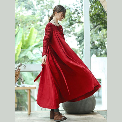 New Red Clothing O Neck Embroidery Caftans Boutique Long Sleeve Large Hem Dresses