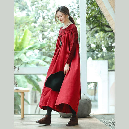 New Red Clothing O Neck Embroidery Caftans Boutique Long Sleeve Large Hem Dresses