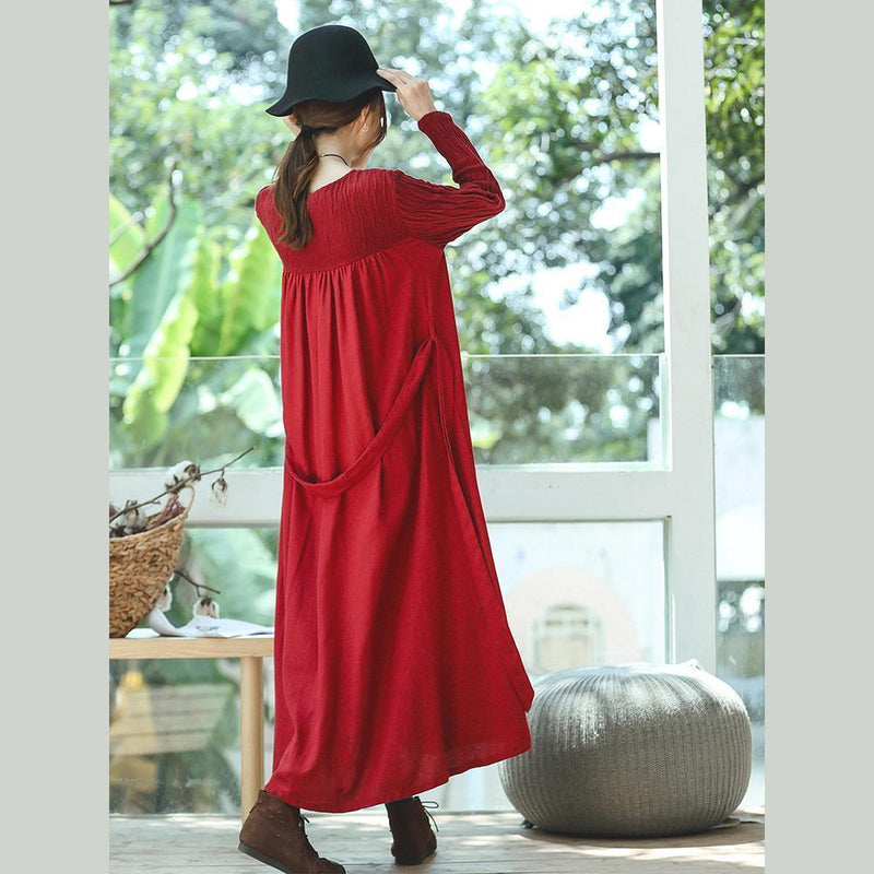 New Red Clothing O Neck Embroidery Caftans Boutique Long Sleeve Large Hem Dresses