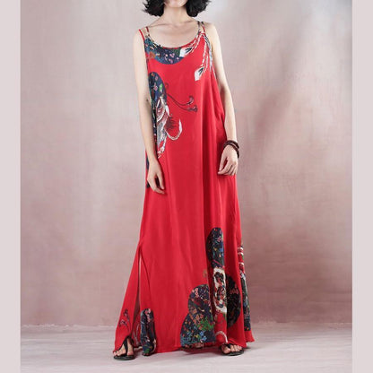 New Red Print Holiday Dress O Neck Sleeveless Gown a Silk Skirts Maxi Dress