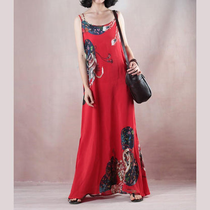 New Red Print Holiday Dress O Neck Sleeveless Gown a Silk Skirts Maxi Dress
