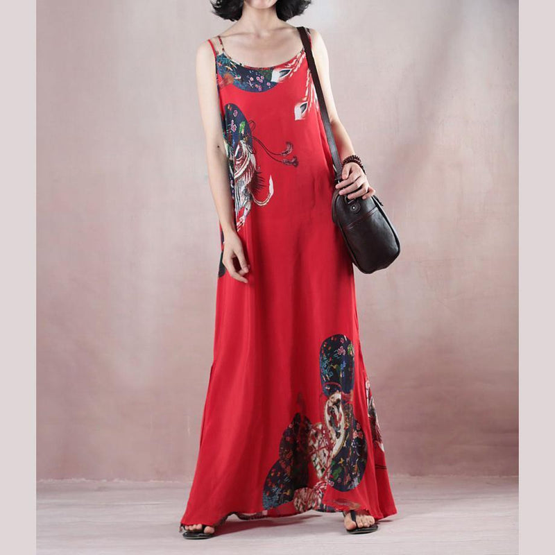 New Red Print Holiday Dress O Neck Sleeveless Gown a Silk Skirts Maxi Dress