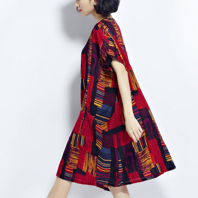New Red Prints Cotton Dress Cotton Clothing Dresses New O Neck Short Sleeve Midi Dress