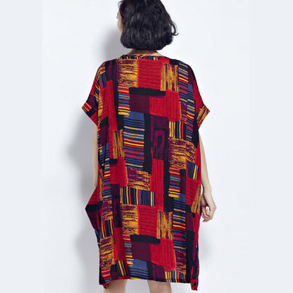 New Red Prints Cotton Dress Cotton Clothing Dresses New O Neck Short Sleeve Midi Dress