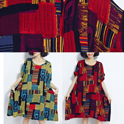 New Red Prints Cotton Dress Cotton Clothing Dresses New O Neck Short Sleeve Midi Dress