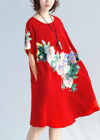 New Red Prints Linen Dress Traveling Clothing Wild Short Sleeve O Neck Cotton Dresses
