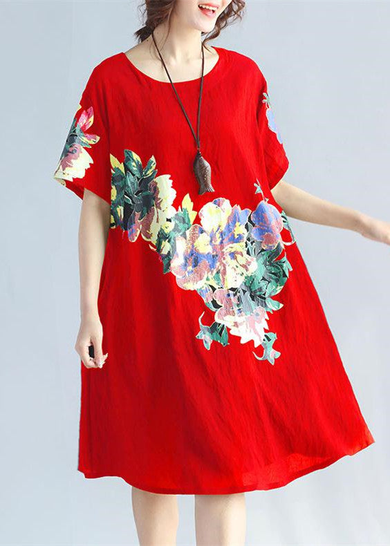 New Red Prints Linen Dress Traveling Clothing Wild Short Sleeve O Neck Cotton Dresses