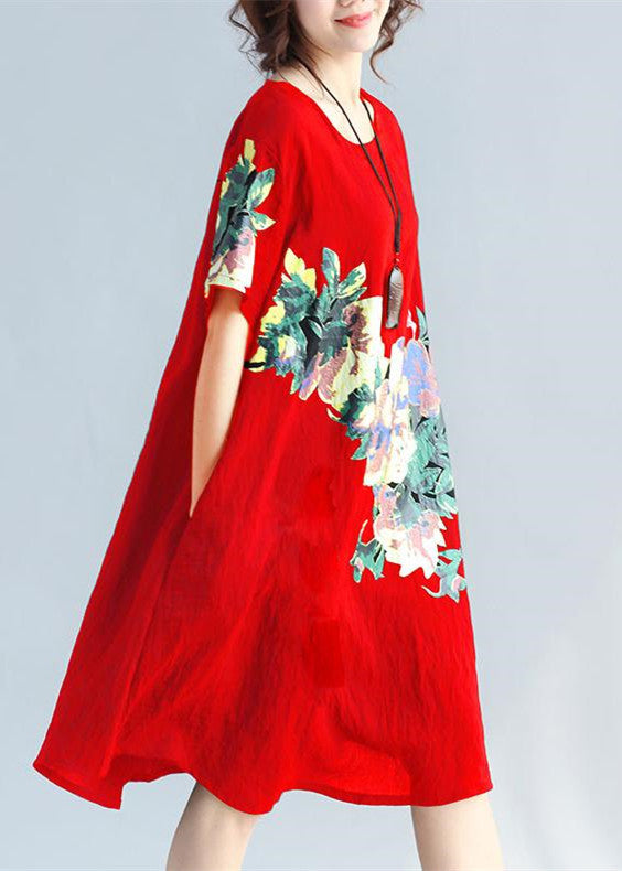 New Red Prints Linen Dress Traveling Clothing Wild Short Sleeve O Neck Cotton Dresses