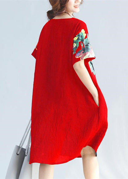 New Red Prints Linen Dress Traveling Clothing Wild Short Sleeve O Neck Cotton Dresses