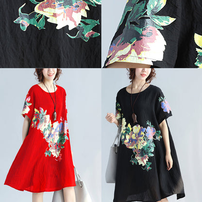 New Red Prints Linen Dress Traveling Clothing Wild Short Sleeve O Neck Cotton Dresses
