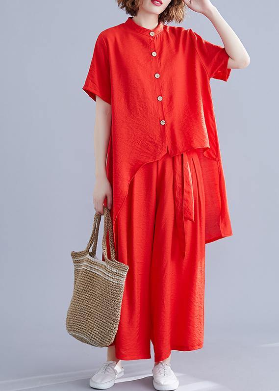New Retro Silk Hemp Red Irregular Short-sleeved Shirt + Elastic Waist Strap Wide-leg Pants