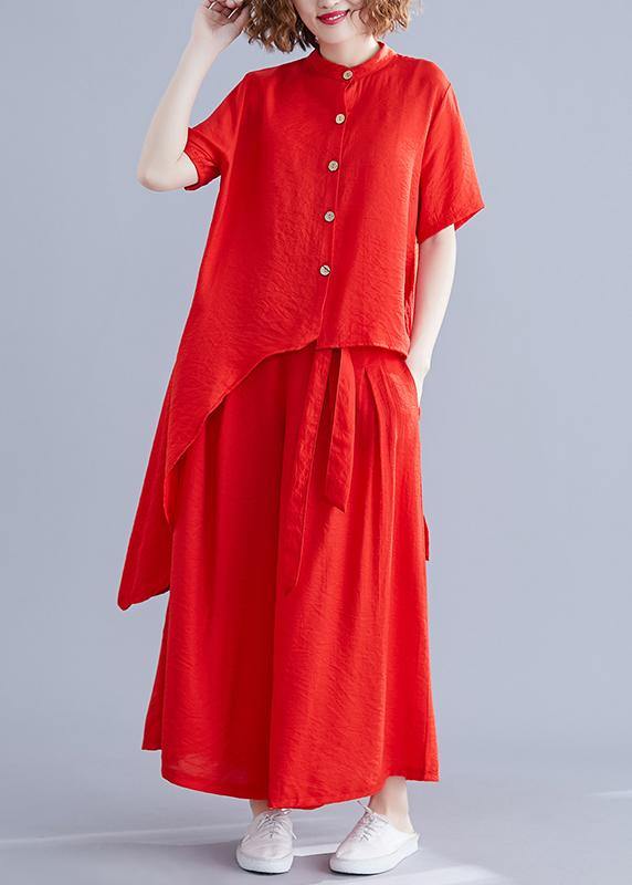 New Retro Silk Hemp Red Irregular Short-sleeved Shirt + Elastic Waist Strap Wide-leg Pants