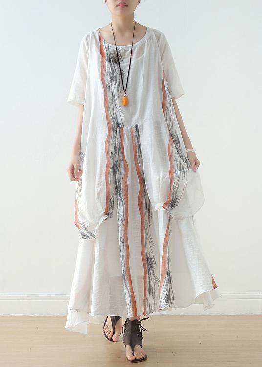 New Silk and Linen Dress Female Ink Printing and Dyeing Literary Loose Round Neck Short Sleeve Long Skirt