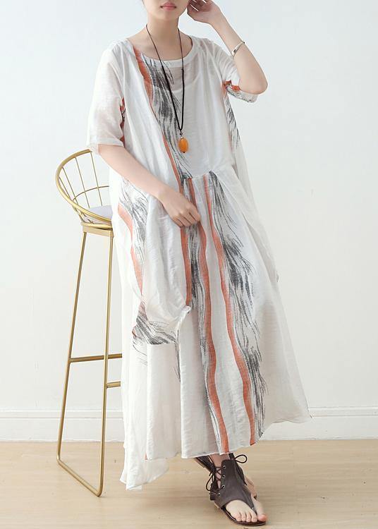 New Silk and Linen Dress Female Ink Printing and Dyeing Literary Loose Round Neck Short Sleeve Long Skirt