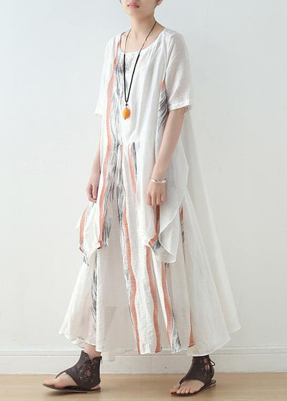 New Silk and Linen Dress Female Ink Printing and Dyeing Literary Loose Round Neck Short Sleeve Long Skirt
