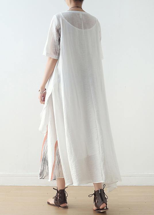 New Silk and Linen Dress Female Ink Printing and Dyeing Literary Loose Round Neck Short Sleeve Long Skirt